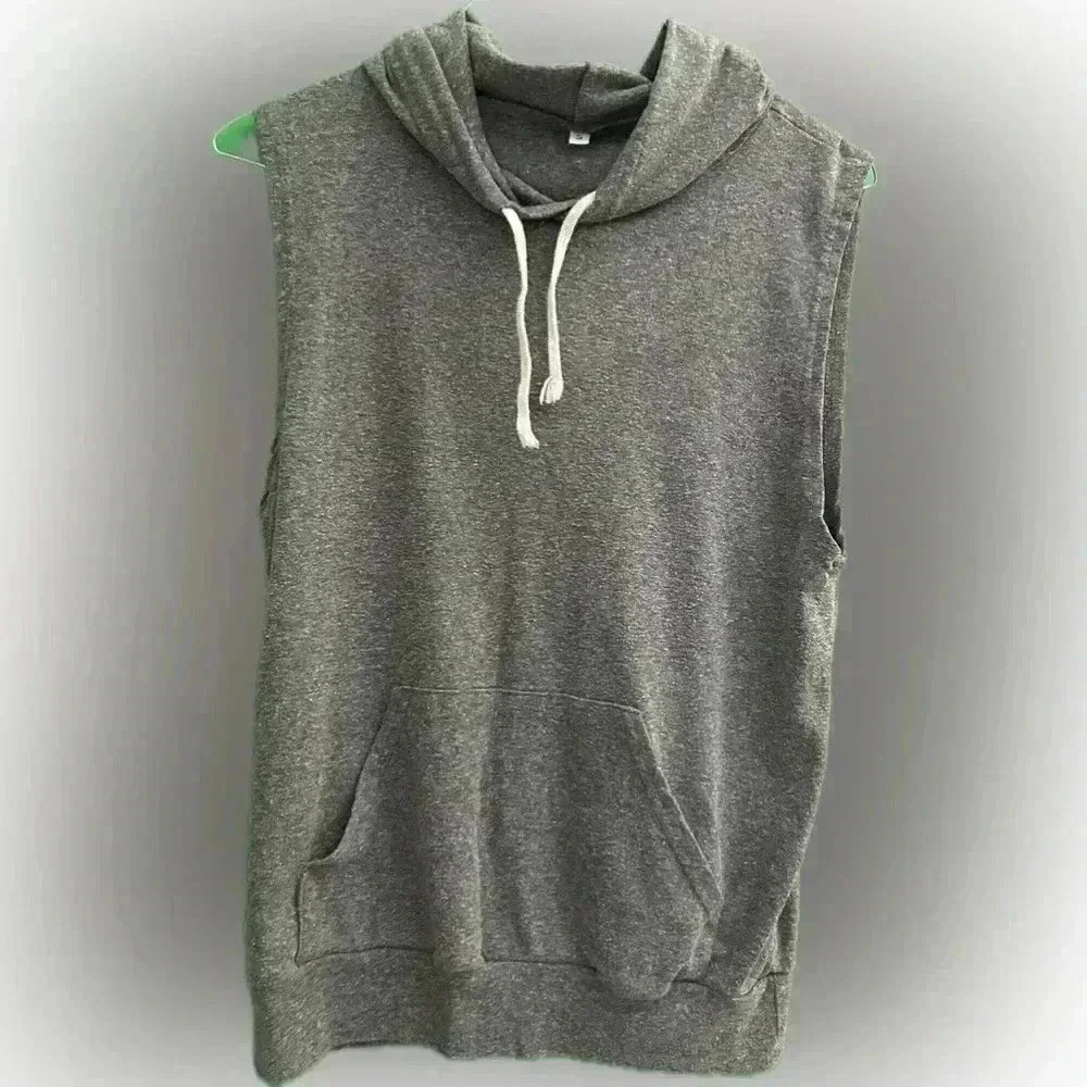 Men’s grey sleeveless workout hoodie with drawstring, size small